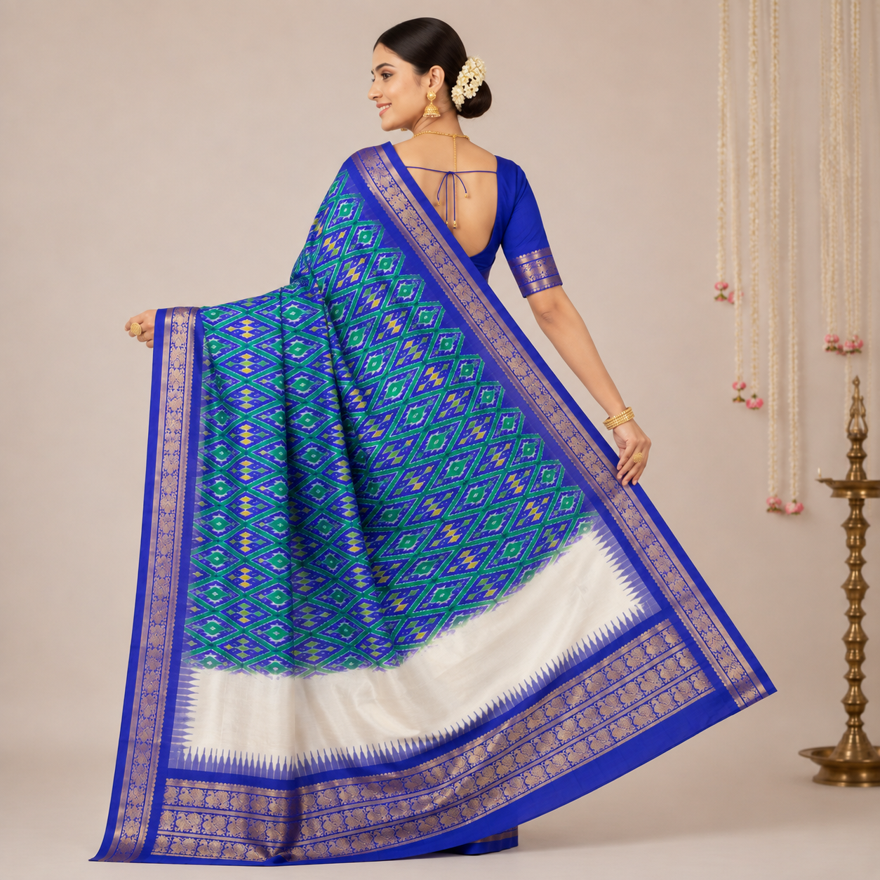Pure white color with royal blue contrast color combination with royal blue blouse (Ikkat pochampally silk saree) - Image 2