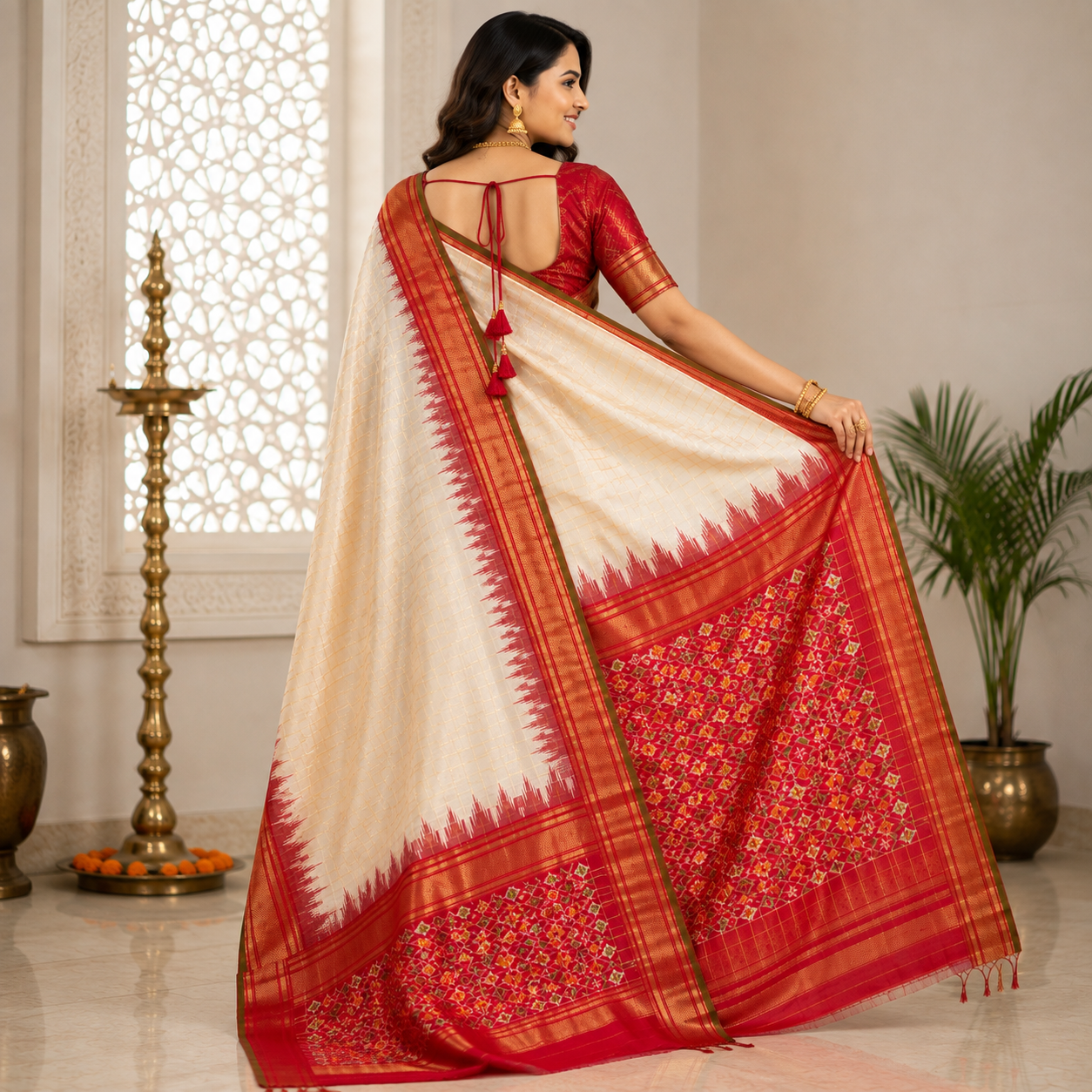 Cream color with red contrast color combination with red color blouse (Ikkat pochampally silk saree) - Image 2