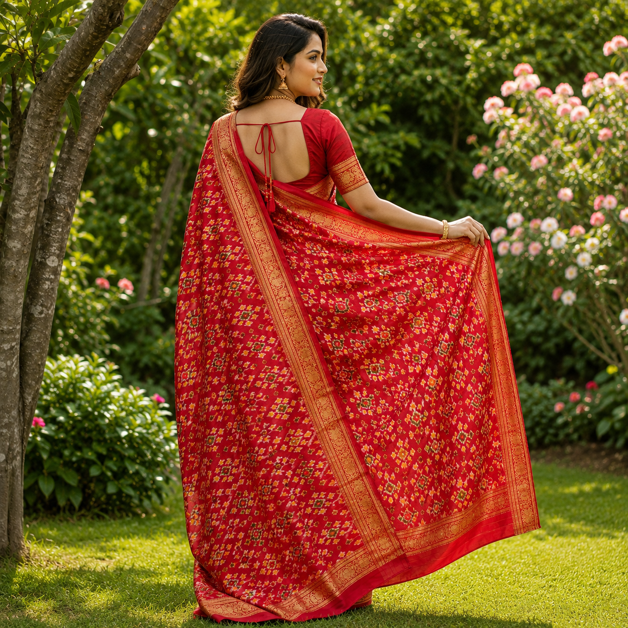 Red color with self color blouse (Ikkat pochampally silk saree ) - Image 2