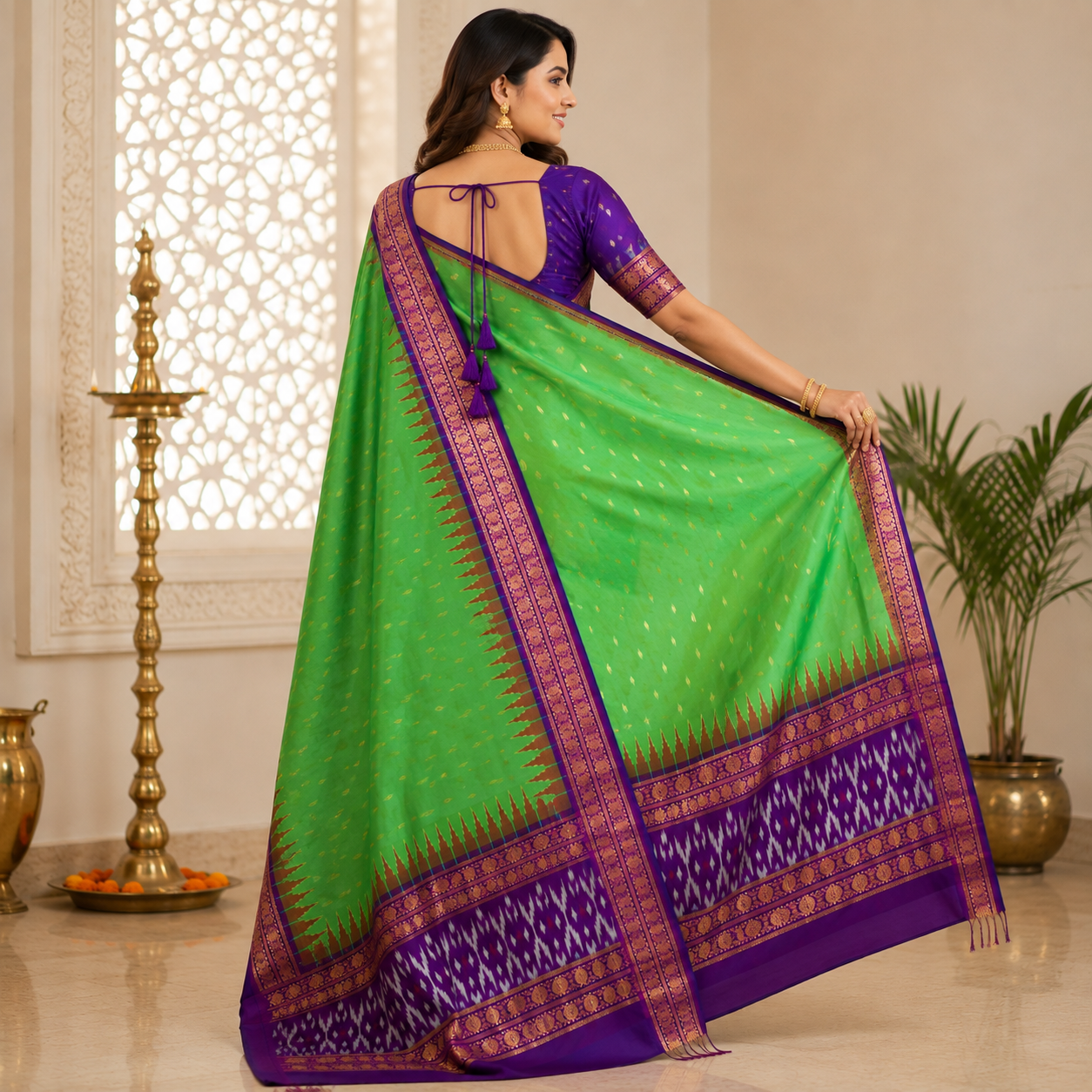 Green color with purple contrast color combination with purple color blouse (Ikkat pochampally silk saree) - Image 2