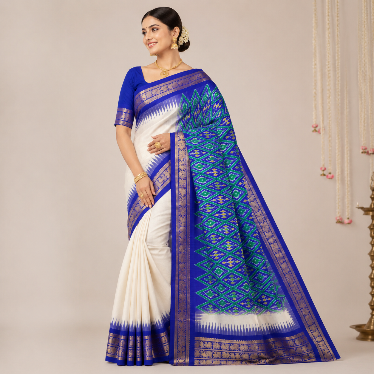 Pure white color with royal blue contrast color combination with royal blue blouse (Ikkat pochampally silk saree)