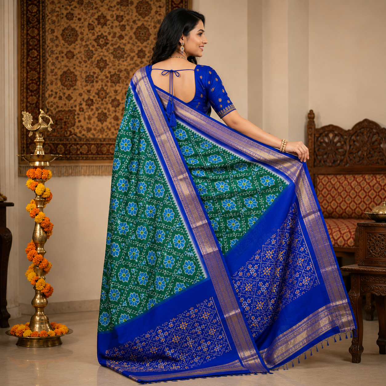 Bottel green color with royal blue contrast color combination with royal blue color blouse (Ikkat pochampally silk saree) - Image 2
