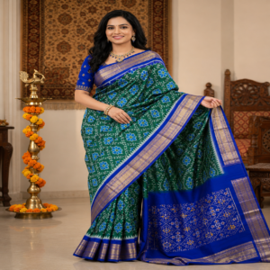 Bottel green color with royal blue contrast color combination with royal blue color blouse (Ikkat pochampally silk saree)