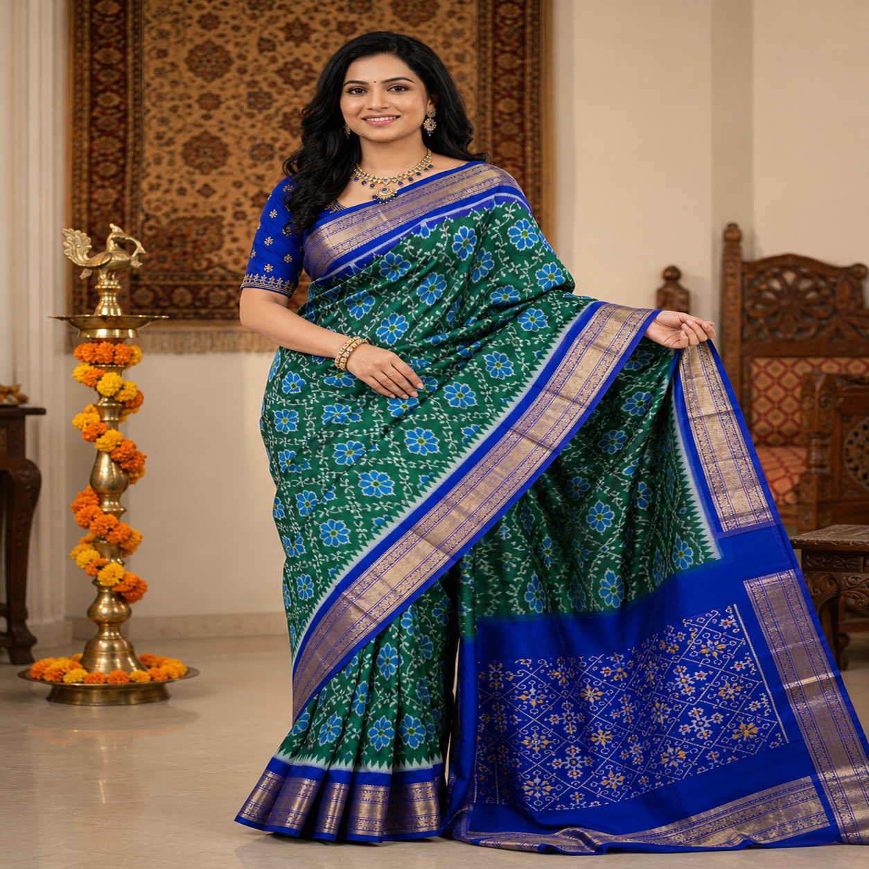 Bottel green color with  royal blue contrast color combination with royal blue color blouse (Ikkat pochampally silk saree)