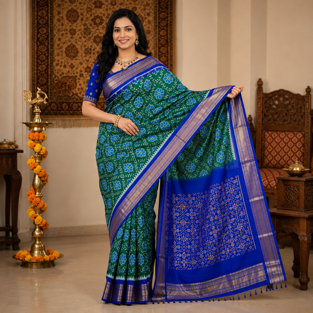 Bottel green color with royal blue contrast color combination with royal blue color blouse (Ikkat pochampally silk saree) - Image 3