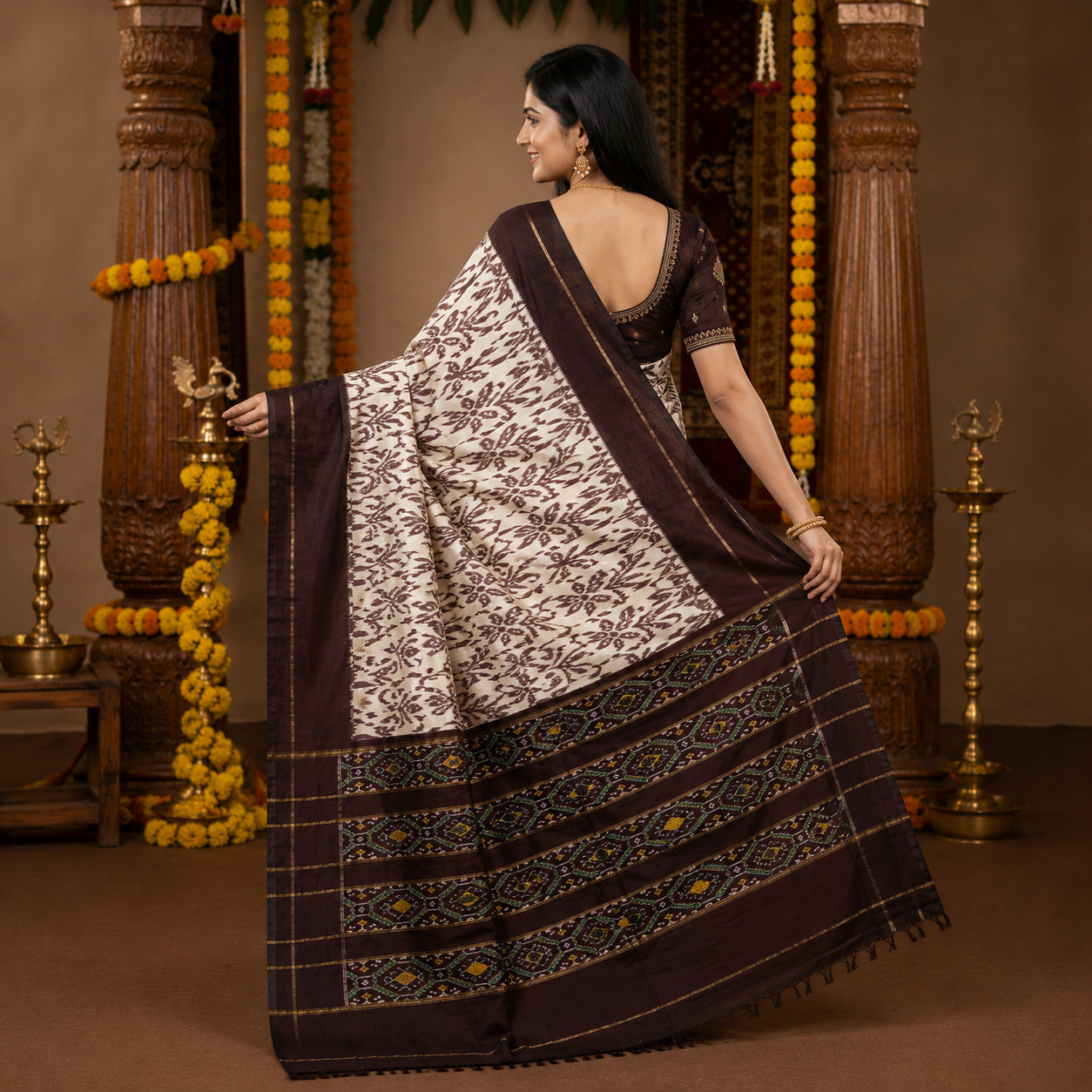 Pure white color with brown contrast color combination with brown blouse (Ikkat pochampally silk saree) - Image 2