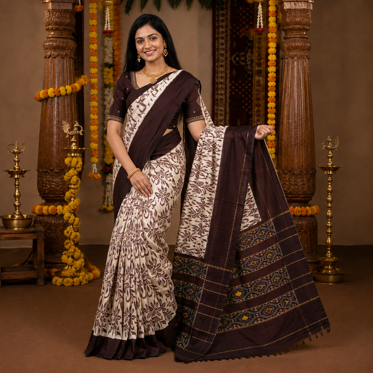 Pure white color with brown contrast color combination with brown blouse (Ikkat pochampally silk saree) - Image 3