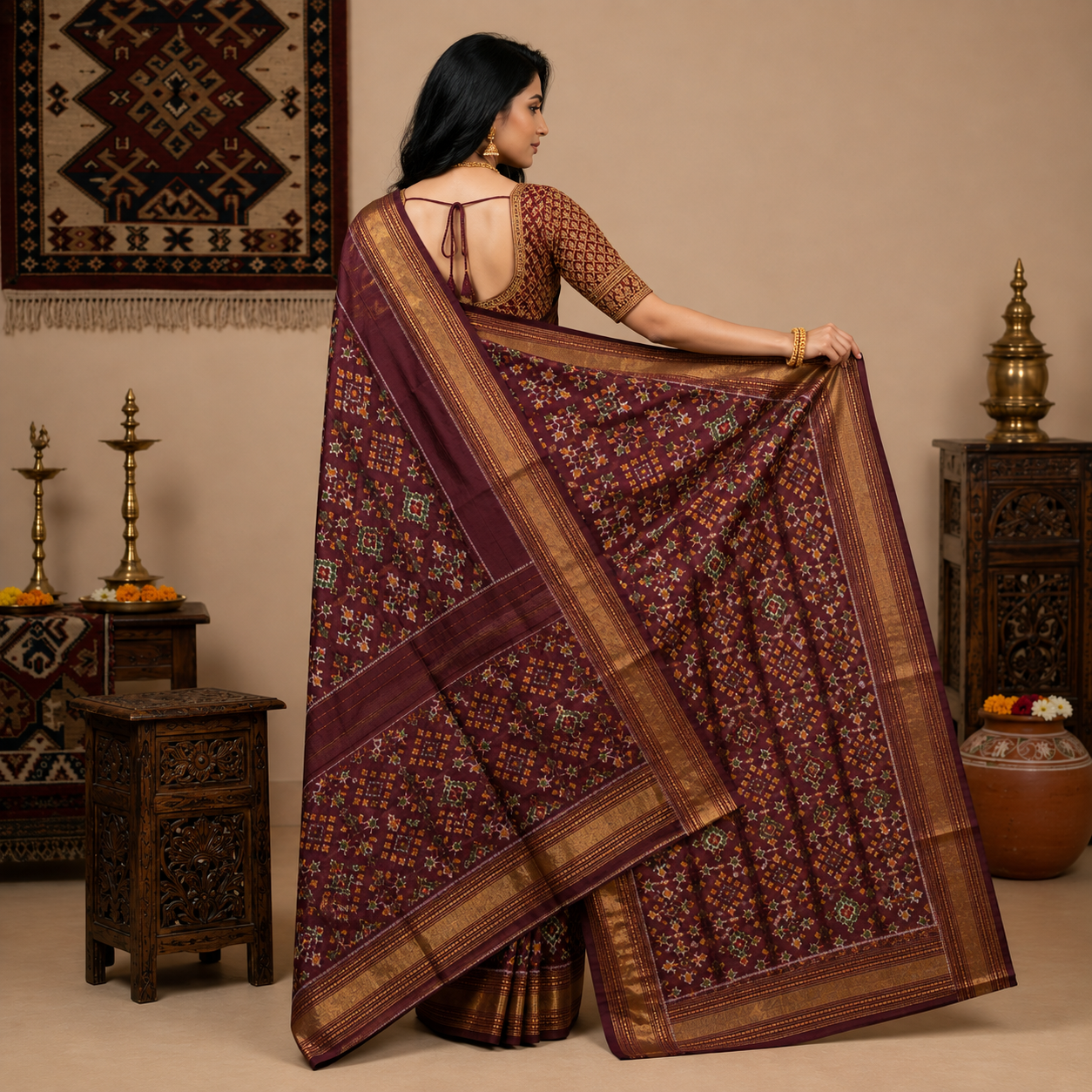 Brown color with self color blouse (Ikkat pochampally silk saree) - Image 2