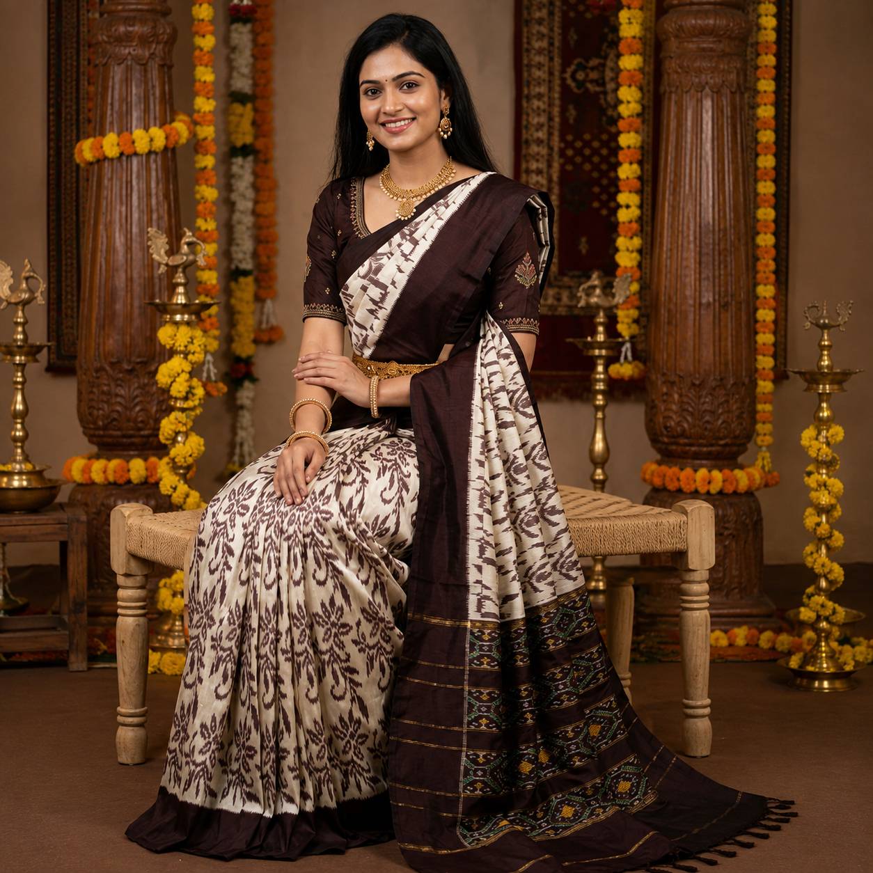 Pure white color with brown contrast color combination with brown blouse (Ikkat pochampally silk saree)