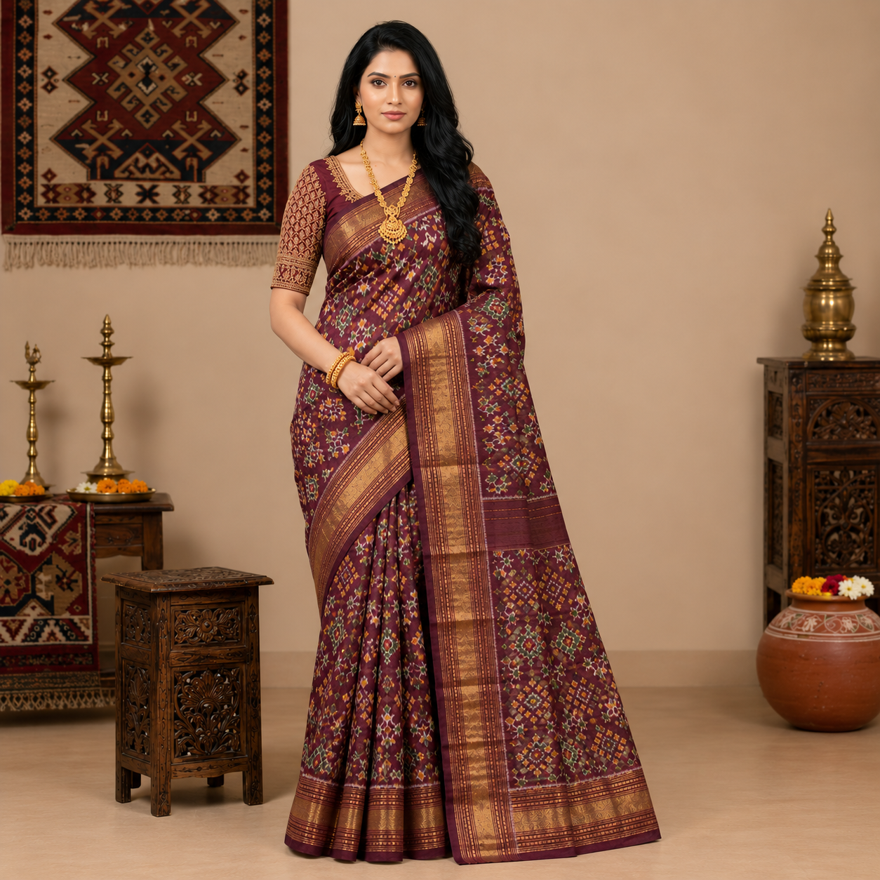 Brown color with self color blouse (Ikkat pochampally silk saree)