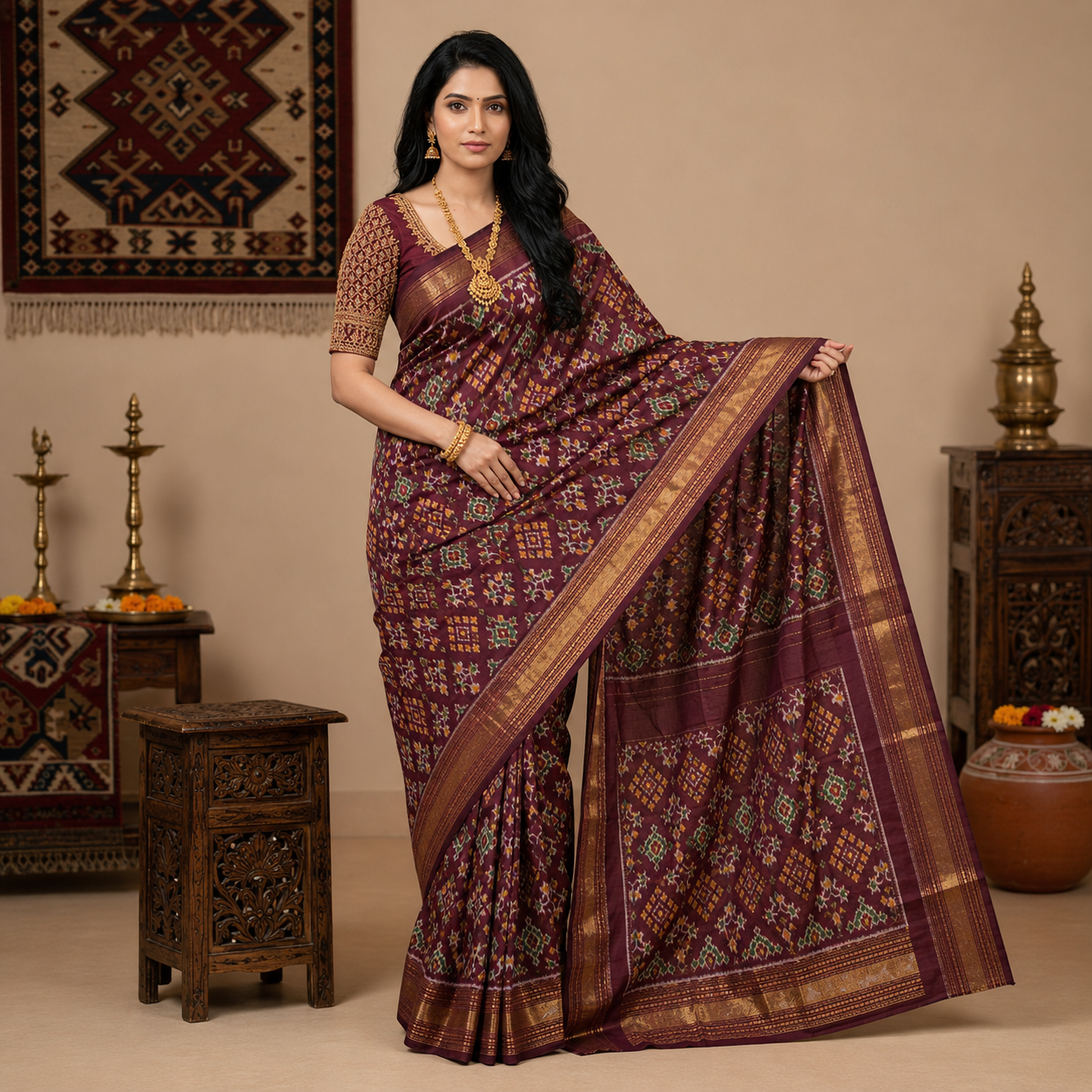 Brown color with self color blouse (Ikkat pochampally silk saree) - Image 3