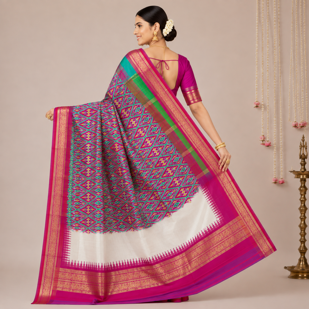 pure white color with red contrast color combination with red color blouse (Ikkat pochampally silk saree) - Image 2