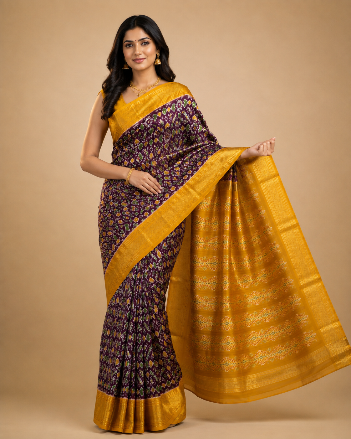 Dark wine color with mustard contrast color combination with mustard color blouse (Ikkat pochampally silk saree) - Image 3
