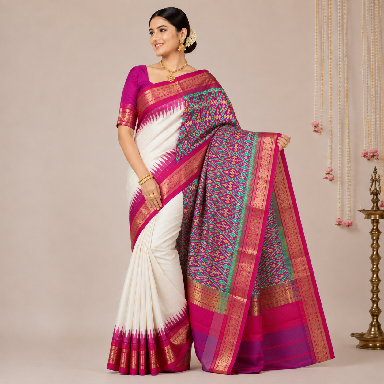 pure white color with red contrast color combination with red color blouse (Ikkat pochampally silk saree) - Image 3