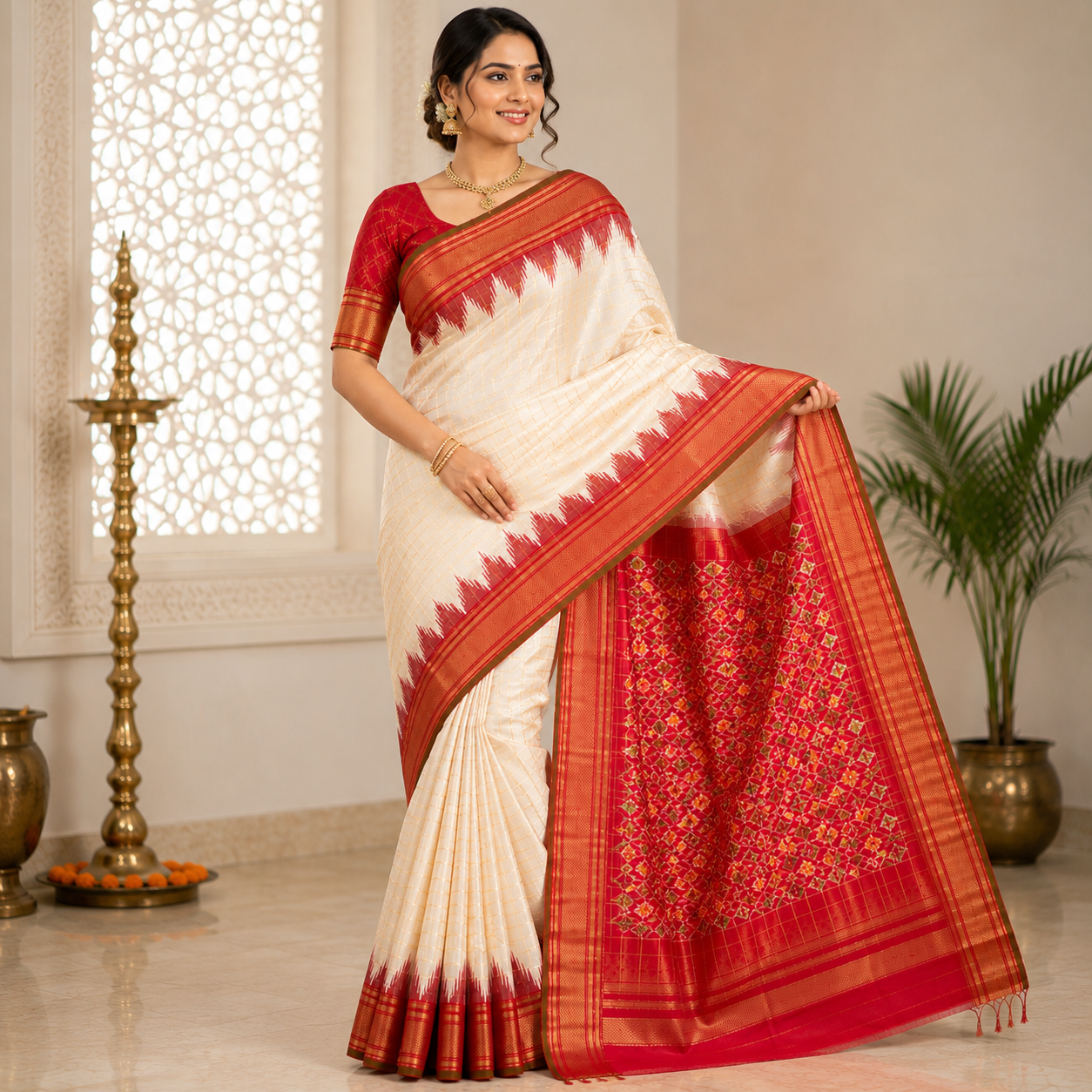 Cream color with red contrast color combination with red color blouse (Ikkat pochampally silk saree) - Image 3