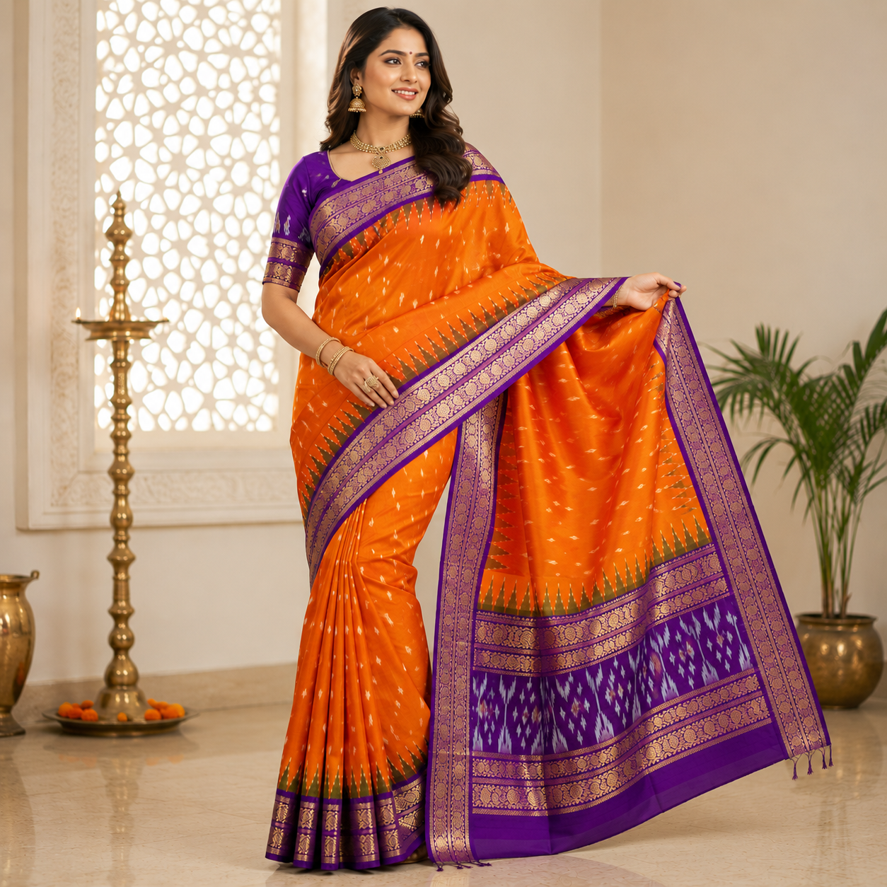Orange color with purple contrast color combination with purple color blouse (Ikkat pochampally silk saree) - Image 3