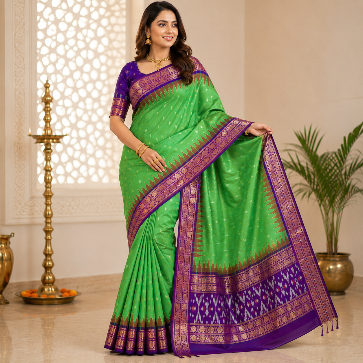 Green color with purple contrast color combination with purple color blouse (Ikkat pochampally silk saree) - Image 3