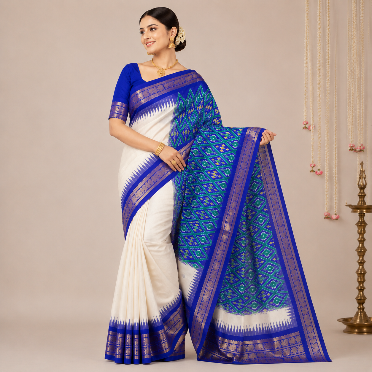 Pure white color with royal blue contrast color combination with royal blue blouse (Ikkat pochampally silk saree) - Image 3