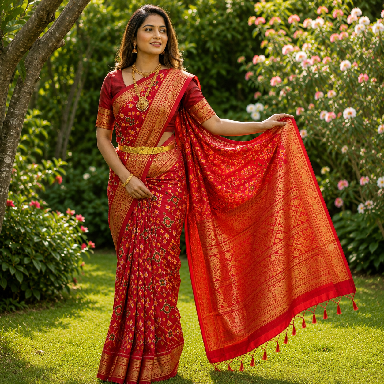 Red color with self color blouse (Ikkat pochampally silk saree ) - Image 3