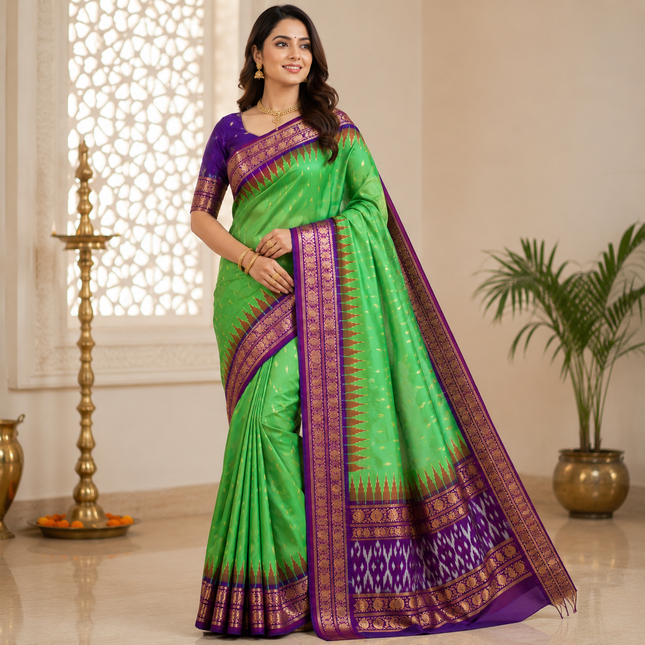 Green color with purple contrast color combination with purple color blouse (Ikkat pochampally silk saree)
