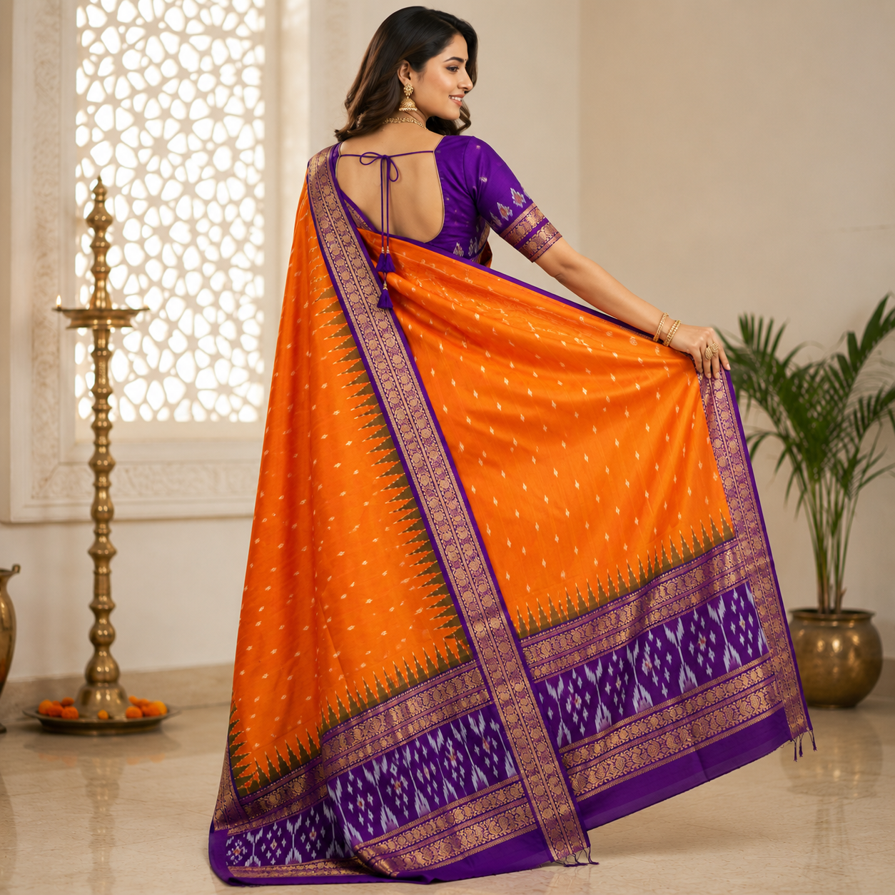 Orange color with purple contrast color combination with purple color blouse (Ikkat pochampally silk saree) - Image 2