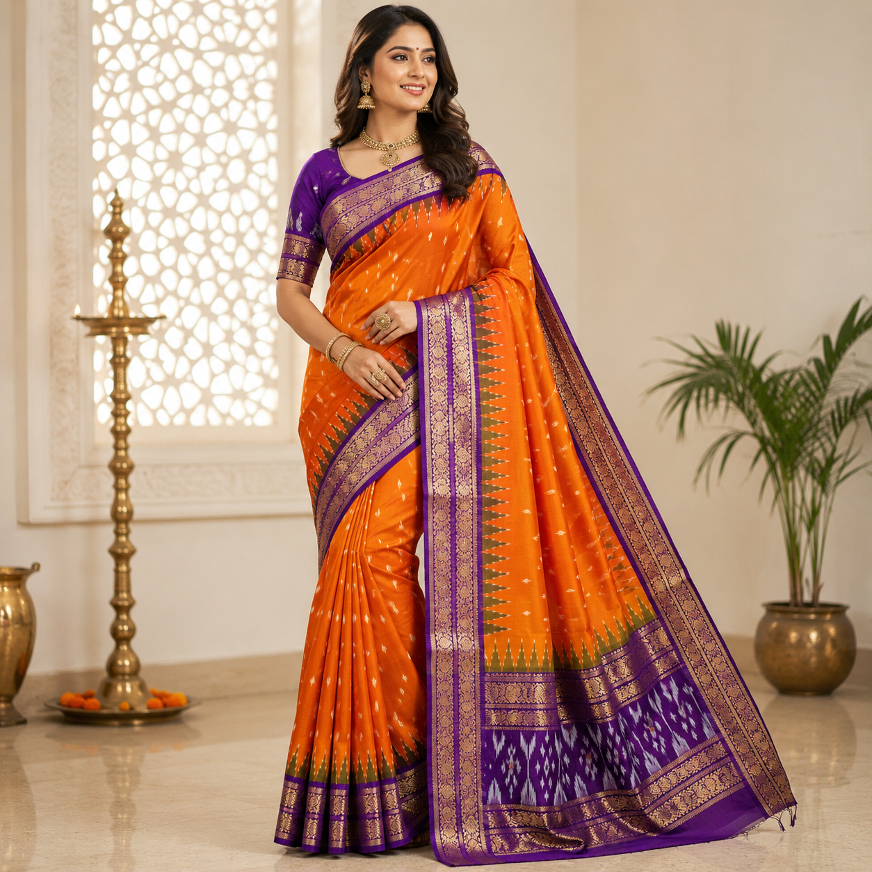 Orange color with purple contrast color combination with purple color blouse (Ikkat pochampally silk saree)