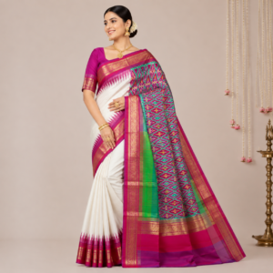 pure white color with red contrast color combination with red color blouse (Ikkat pochampally silk saree)