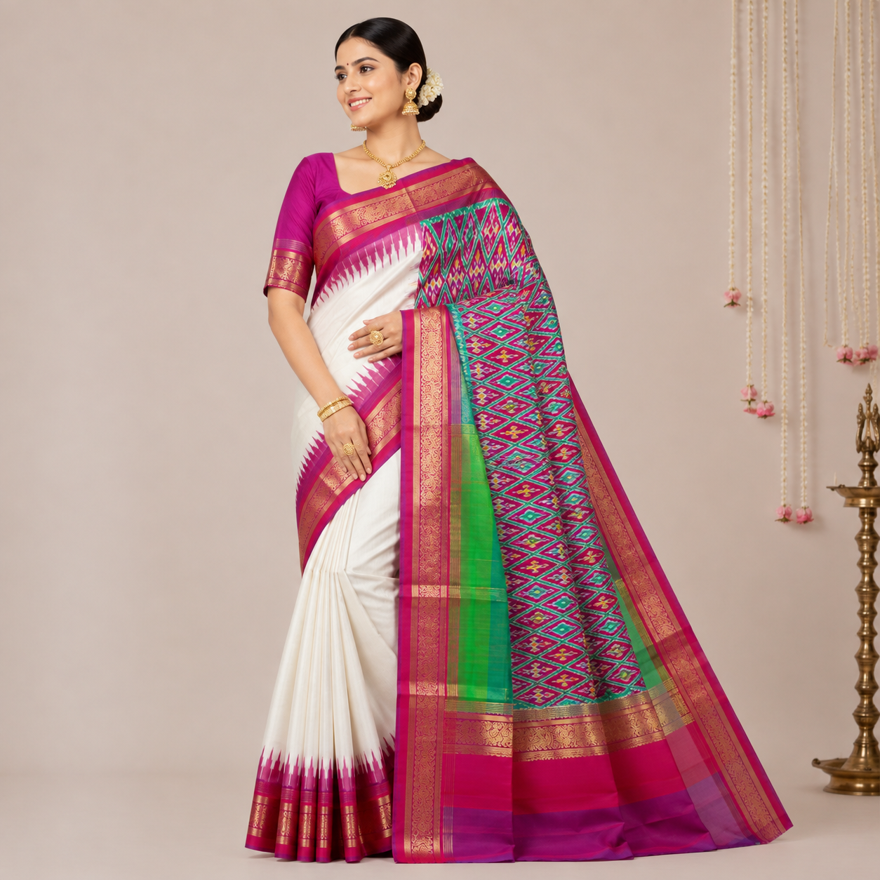 pure white color with red contrast color combination with red color blouse (Ikkat pochampally silk saree)