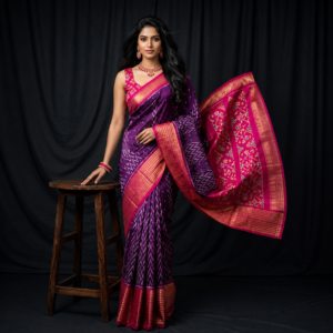 Purple color with pink contrast color combination with pink color blouse (Ikkat pochampally silk saree)