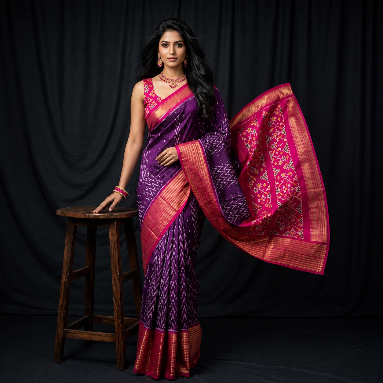 Purple color with pink contrast color combination with pink color blouse (Ikkat pochampally silk saree)