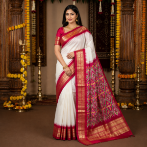 pure white color with red contrast color combination with red color blouse (Ikkat pochampally silk saree)