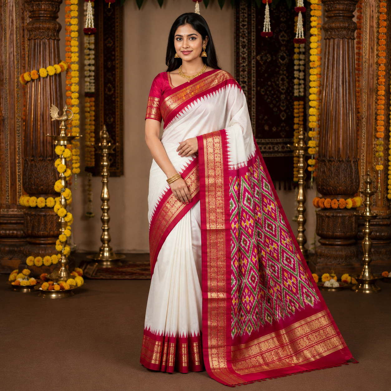 pure white color with red contrast color combination with red color blouse (Ikkat pochampally silk saree)