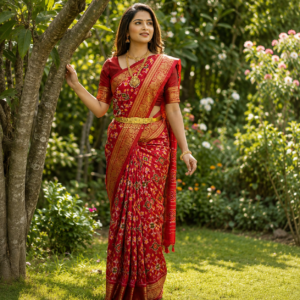 Red color with self color blouse (Ikkat pochampally silk saree )