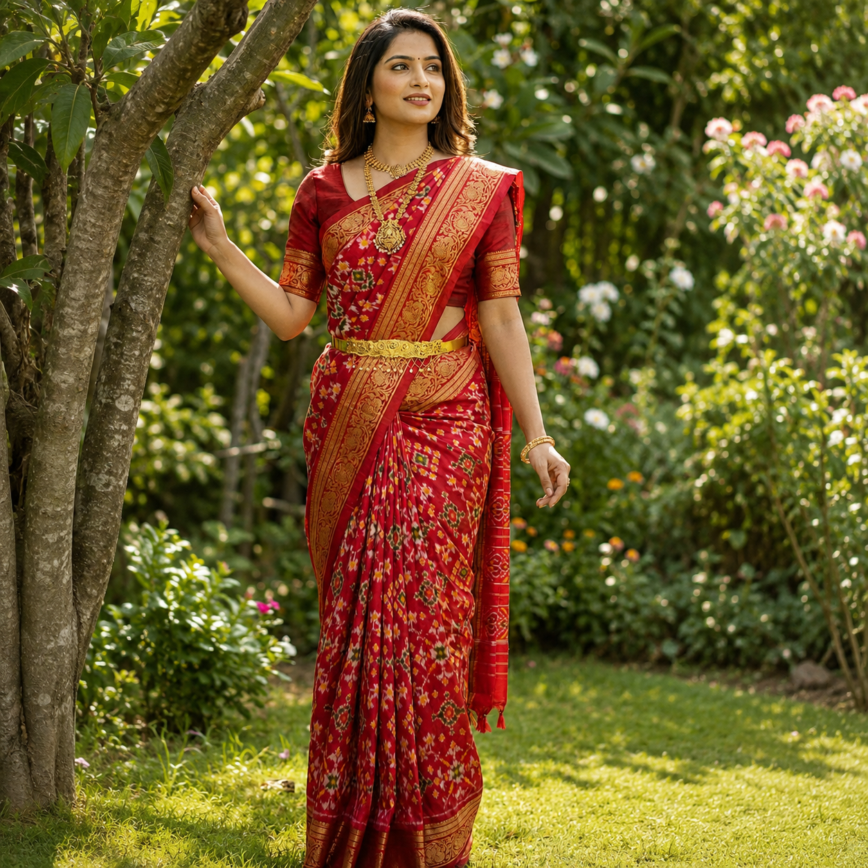 Red color with self color blouse (Ikkat pochampally silk saree )
