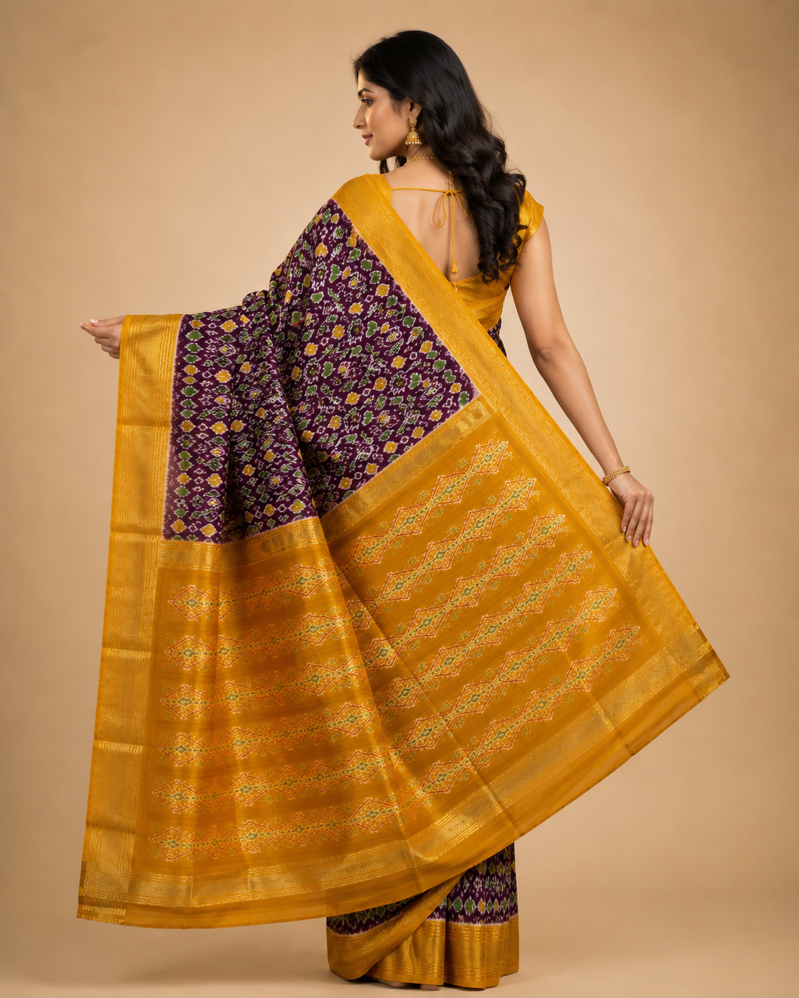 Dark wine color with mustard contrast color combination with mustard color blouse (Ikkat pochampally silk saree) - Image 2