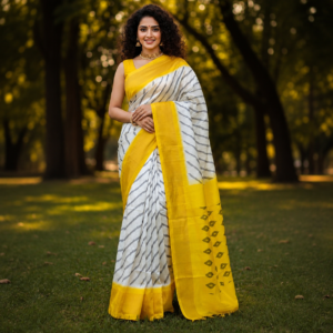 Pure white color with yellow contrast color combination with yellow blouse (Ikkat pochampally silk saree)