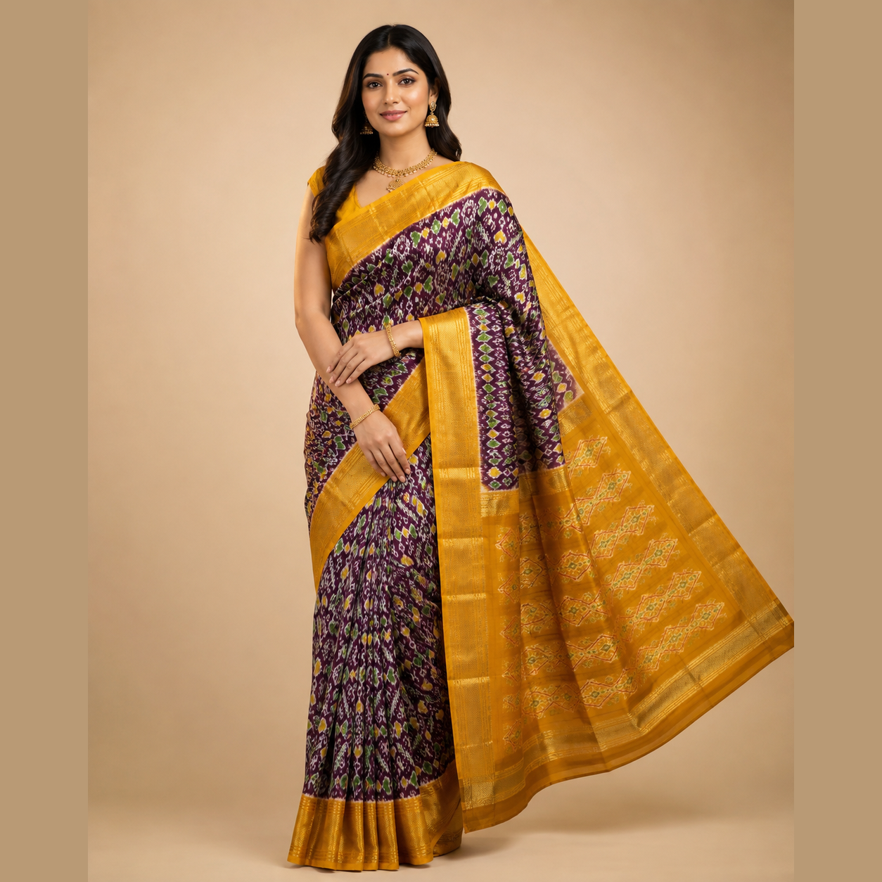 Dark wine color with mustard contrast color combination with mustard color blouse (Ikkat pochampally silk saree)